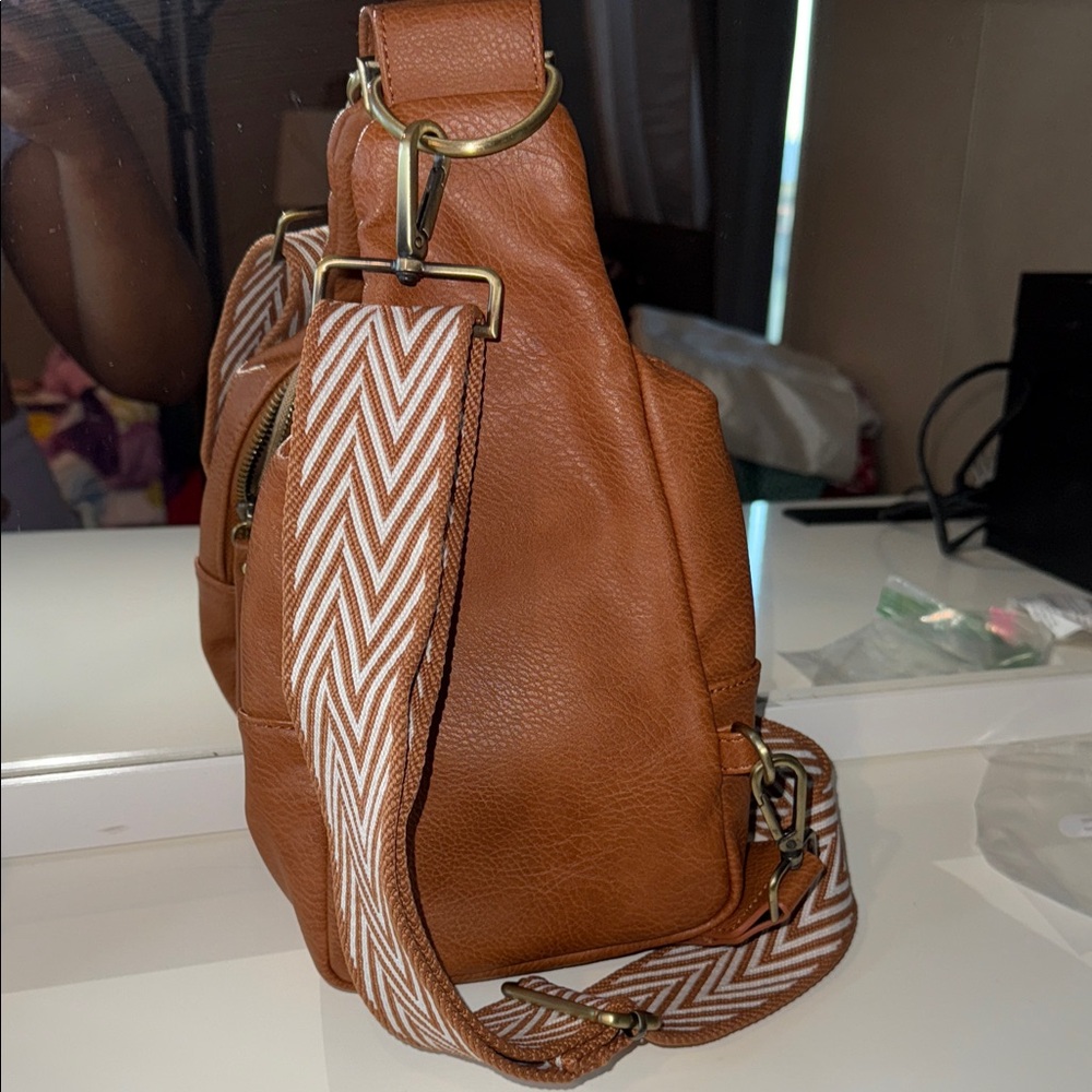 Anthropologie Tan Backpack With Patterned Strap - image 5